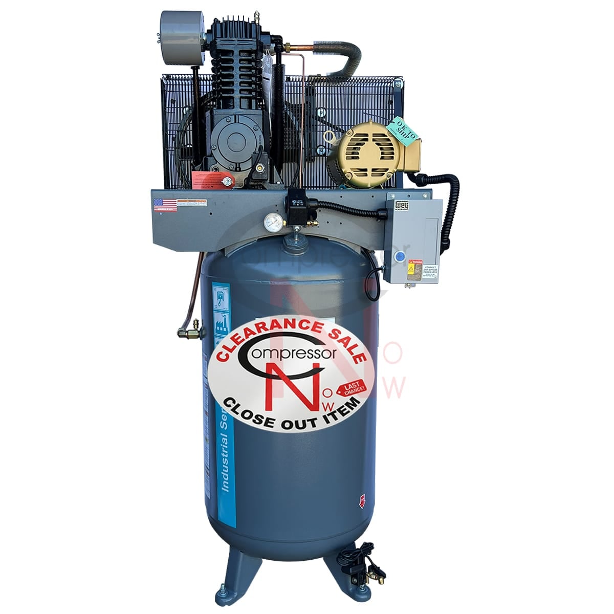 5 HP 230V 3 Phase Industrial Air Compressor 80 Gallon Vertical Tank ...